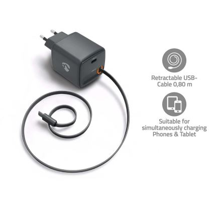 Carregador com cabo retrátil Power Delivery 65W, 2x USB-C, preto