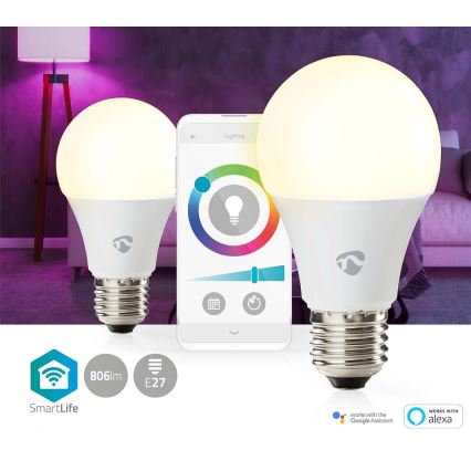 Pack de 2 lâmpadas LED RGBW dimerizáveis SmartLife E27/9W/230V Wi‑Fi 2700–6500K