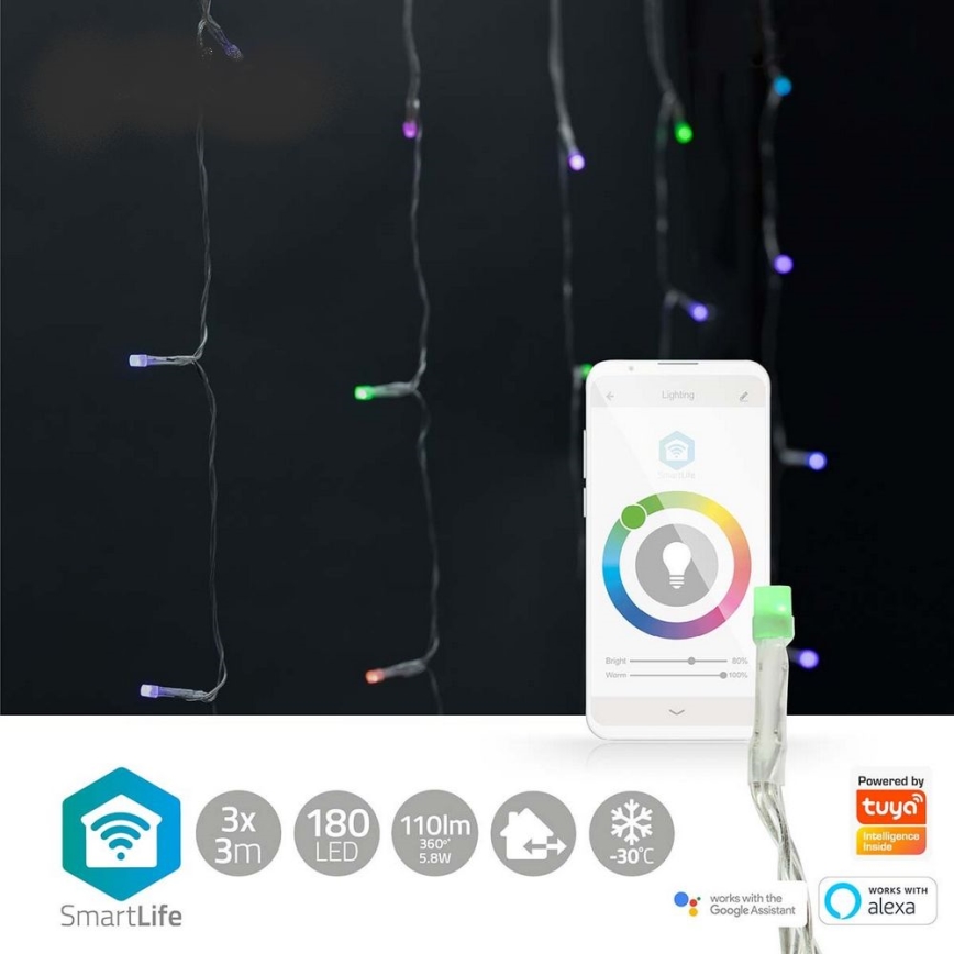 Cortina de Natal LED RGB 180xLED/7 funções 6m IP65 Wi-Fi Tuya