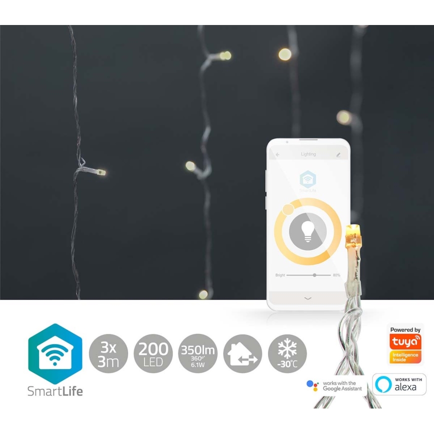 Cortina exterior de Natal LED 200xLED/8 funções 6m IP65 Wi-Fi Tuya branco quente