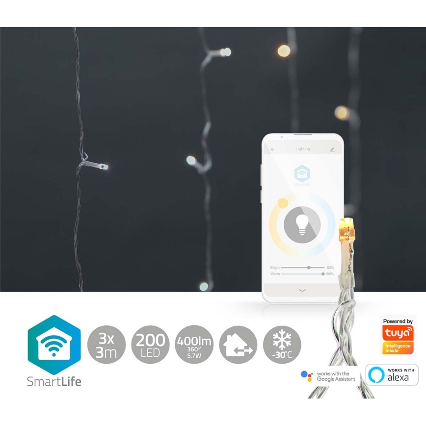 Cortina LED de Natal 200 LEDs / 11 funções, 6 m, IP65, Wi‑Fi Tuya, branco quente a frio