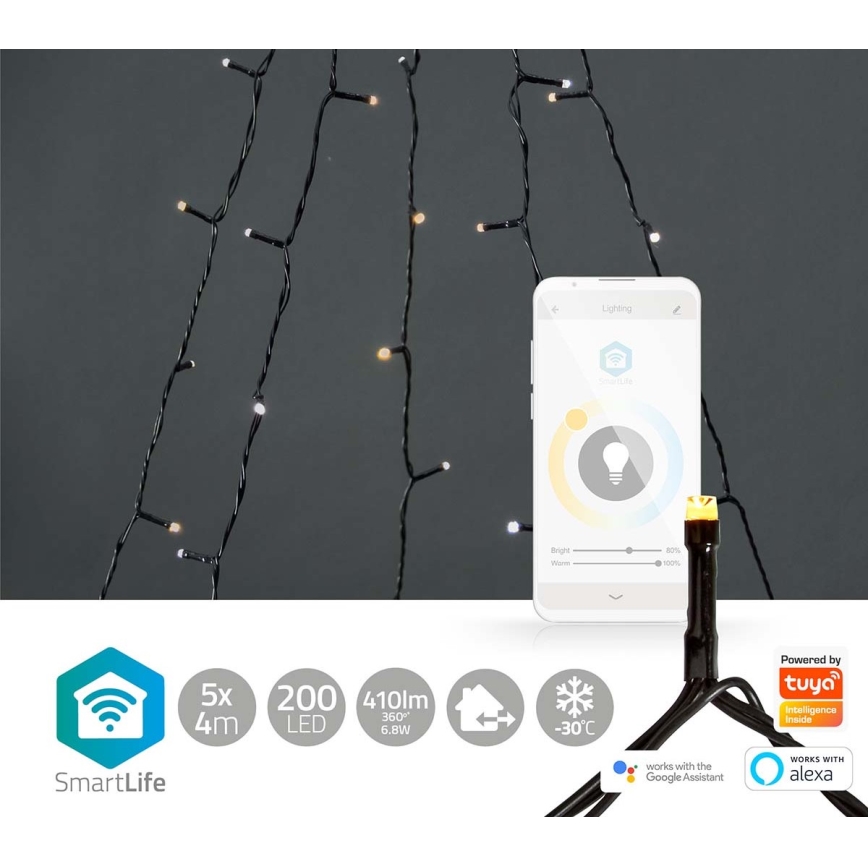 Cortina de Natal LED para exterior 200 LEDs / 8 funções, 5 x 4 m, IP65, Wi-Fi Tuya, branco quente a frio