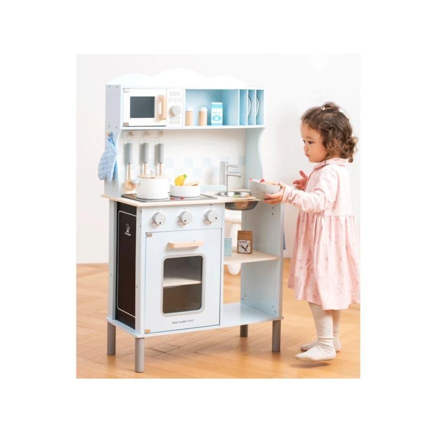 New Classic Toys - Cozinha em madeira com acessórios azul claro