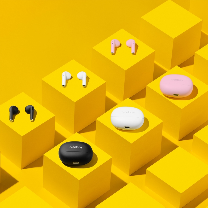 Niceboy Beans 4 - Auriculares sem fios com bateria de 300 mAh + 2x 35 mAh, resistência IPX4, rosa