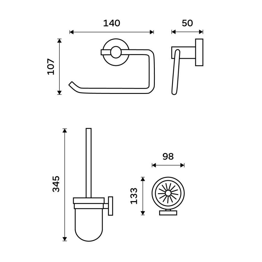 NIMCO UN conjunto-94WN-26 - Piaçaba de parede e suporte para papel higiénico UNIX cromado brilhante