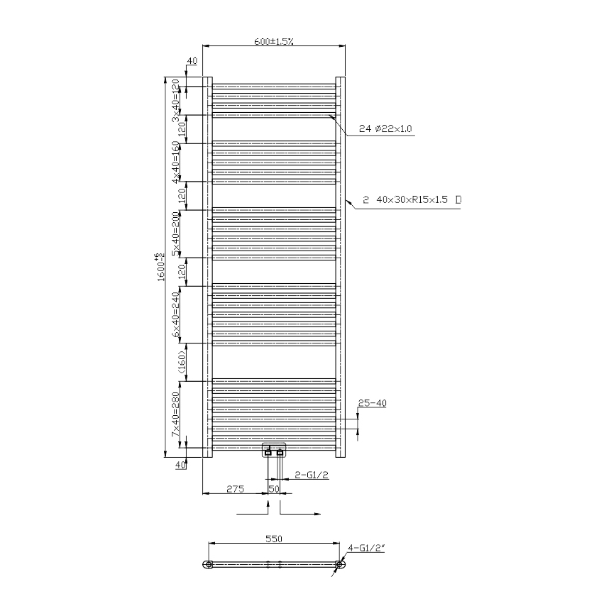 Novaservis - Radiador toalheiro em escada para casa de banho 836W/230V 160x60 cm preto reto