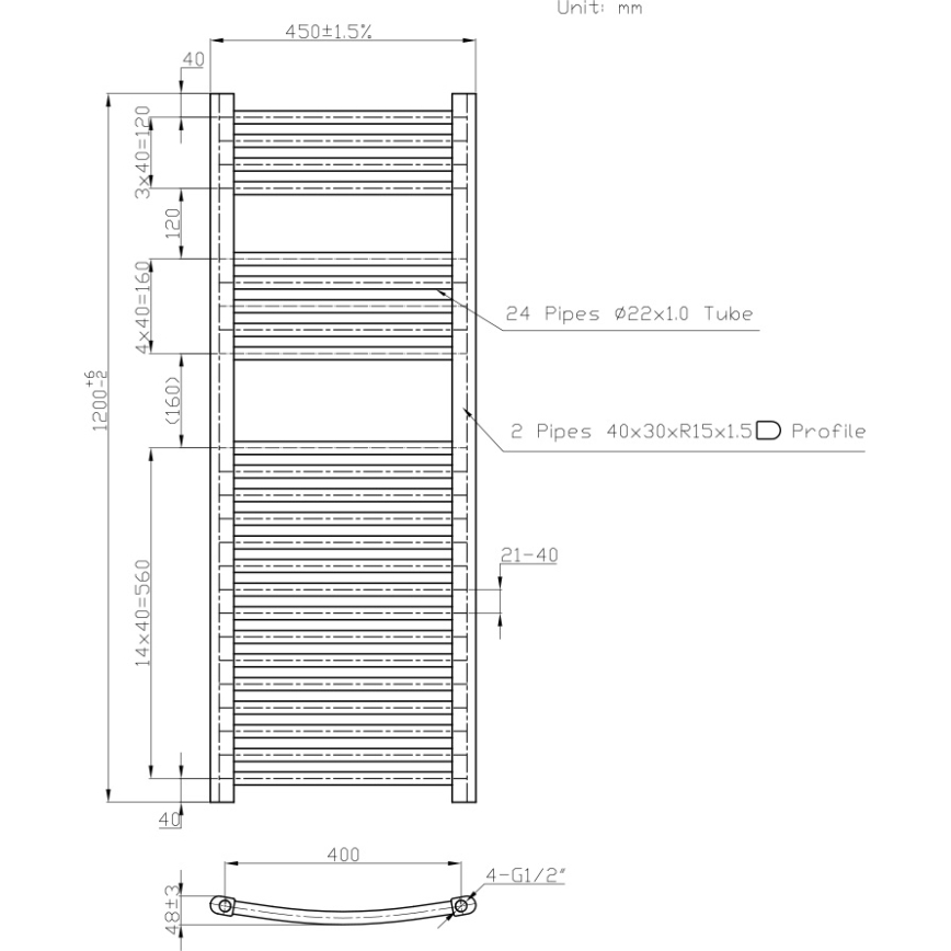 Novaservis - Radiador toalheiro para casa de banho 490W/230V 120x45 cm, branco, arredondado