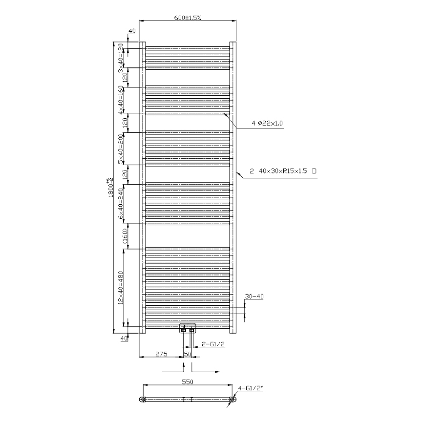 Novaservis - Toalheiro aquecido em escada 630 W/230 V 180 x 60 cm cromado brilhante reto
