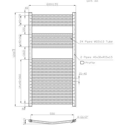 Novaservis - Radiador toalheiro para casa de banho 644W/230V 120x60 cm, branco, arredondado