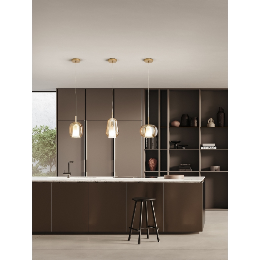 Ondaluce - Candeeiro suspenso por cabo THELMA 1xE27/15W/230V Ø 25 cm dourado/bege fumê