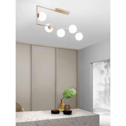 Ondaluce - Lustre com haste MONILE 5xE14/10W/230V dourado/branco