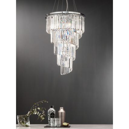 Ondaluce - Lustre de cristal suspenso por cabo ALEXANDER 10xE14/10W/230V diâmetro 50 cm acabamento cromado brilhante