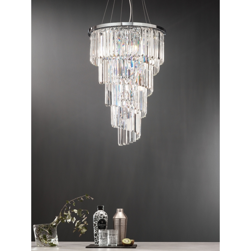 Ondaluce - Lustre de cristal suspenso por cabo ALEXANDER 10xE14/10W/230V diâmetro 50 cm acabamento cromado brilhante
