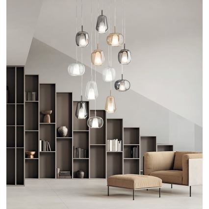 Ondaluce - Lustre suspenso com cabo THELMA 1xE27/15W/230V Ø 19,5 cm dourado/bege fumê