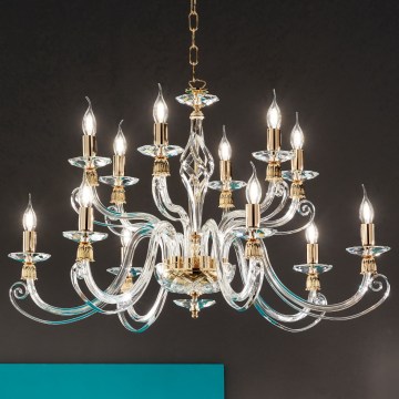 Ondaluce - Lustre suspenso em corrente 1306 12xE14/10W/230V, diâmetro 100 cm, dourado/cristal
