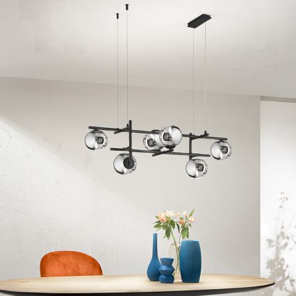 Ondaluce - Lustre suspenso por cabo JEWEL 6xE14/10W/230V preto/fumê