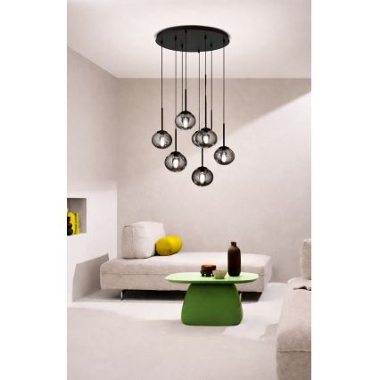 Ondaluce - Lustre suspenso por cabo JEWEL 8xE14/10W/230V Ø 70 cm preto/fumê