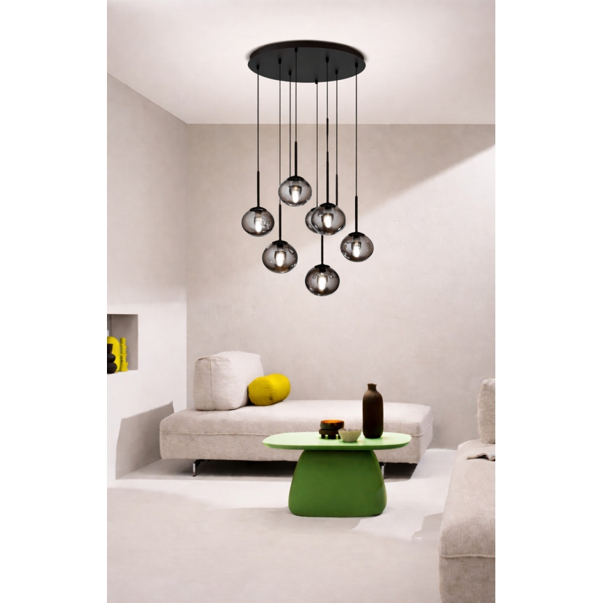 Ondaluce - Lustre suspenso por cabo JEWEL 8xE14/10W/230V Ø 70 cm preto/fumê
