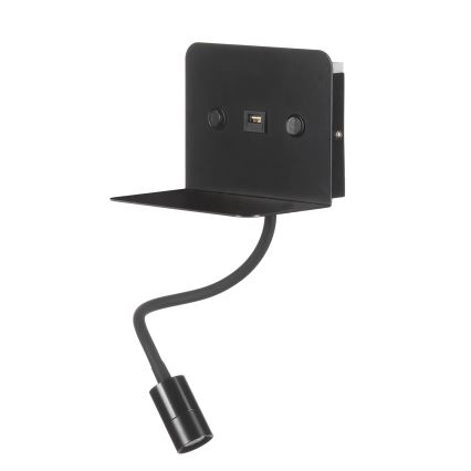 ONLI - Candeeiro pequeno flexível LED com prateleira e carregamento USB PLAK LED/1W/230V preto