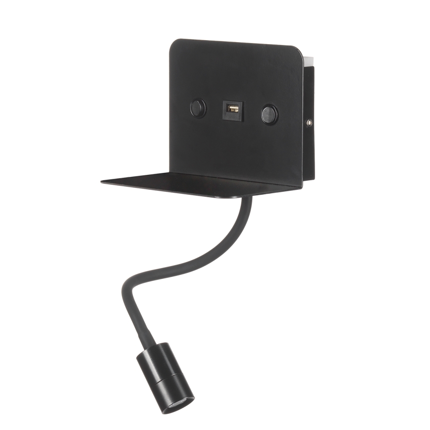 ONLI - Candeeiro pequeno flexível LED com prateleira e carregamento USB PLAK LED/1W/230V preto