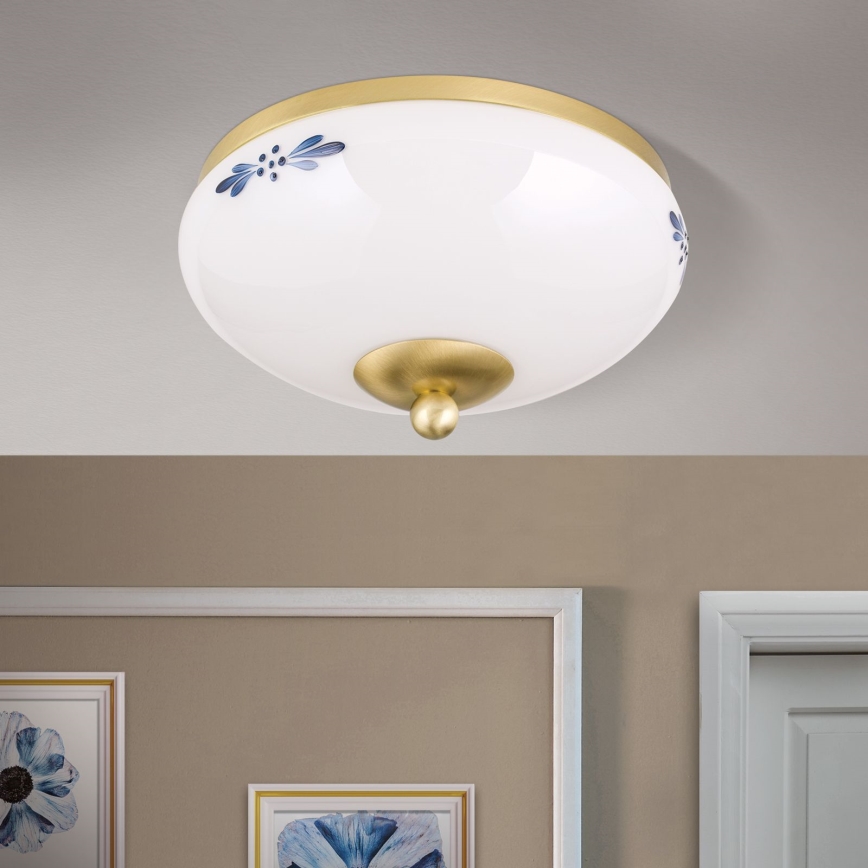 Candeeiro de tecto LANDHAUS 1xE27/60W/230V Ø 21 cm latão/branco/azul