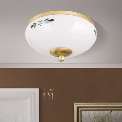 Candeeiro de tecto LANDHAUS 1xE27/60W/230V Ø 21 cm latão/branco/verde