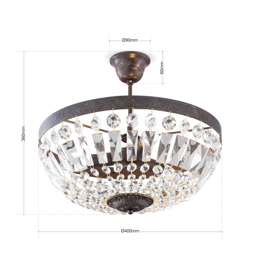 Candeeiro suspenso de cristal ARILA 3xE14/40W/230V diâmetro 40 cm castanho/pátina