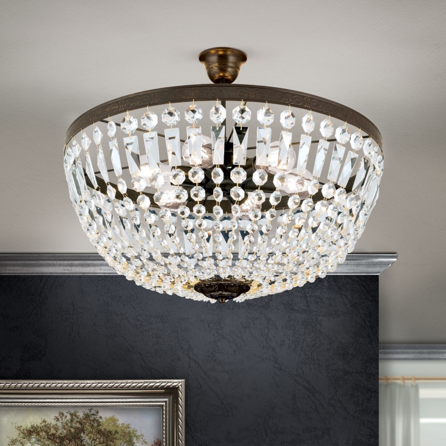 Candeeiro suspenso de cristal ARILA 6xE27/60W/230V diâmetro 60 cm castanho/pátina