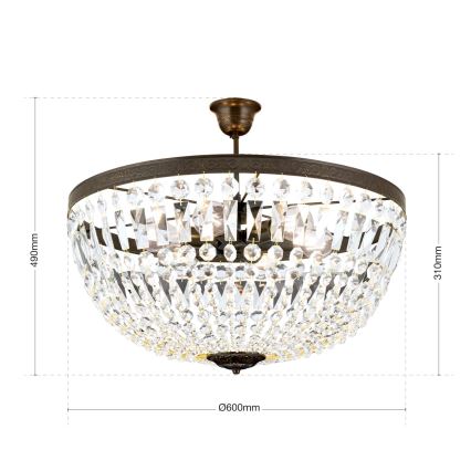 Candeeiro suspenso de cristal ARILA 6xE27/60W/230V diâmetro 60 cm castanho/pátina