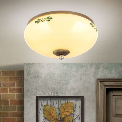 Candeeiro de tecto LANDHAUS 2xE27/60W/230V, diâmetro 28 cm, bronze/bege/verde