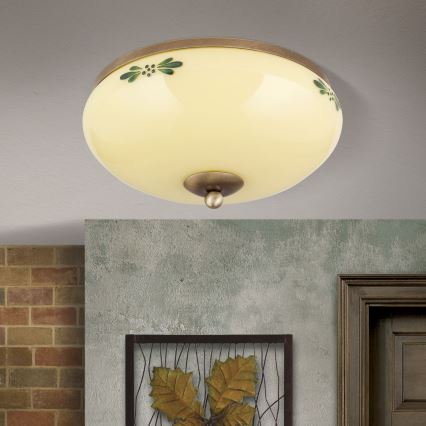 Candeeiro de tecto LANDHAUS 2xE27/60W/230V, diâmetro 28 cm, bronze/bege/verde
