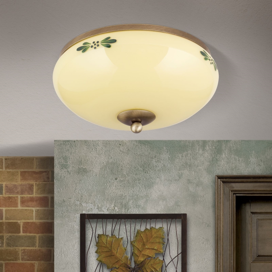 Candeeiro de tecto LANDHAUS 2xE27/60W/230V, diâmetro 28 cm, bronze/bege/verde