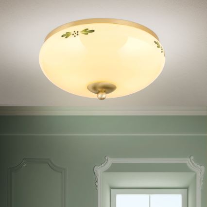 Luminária de teto LANDHAUS 2xE27/60W/230V Ø 28 cm latão/bege/verde