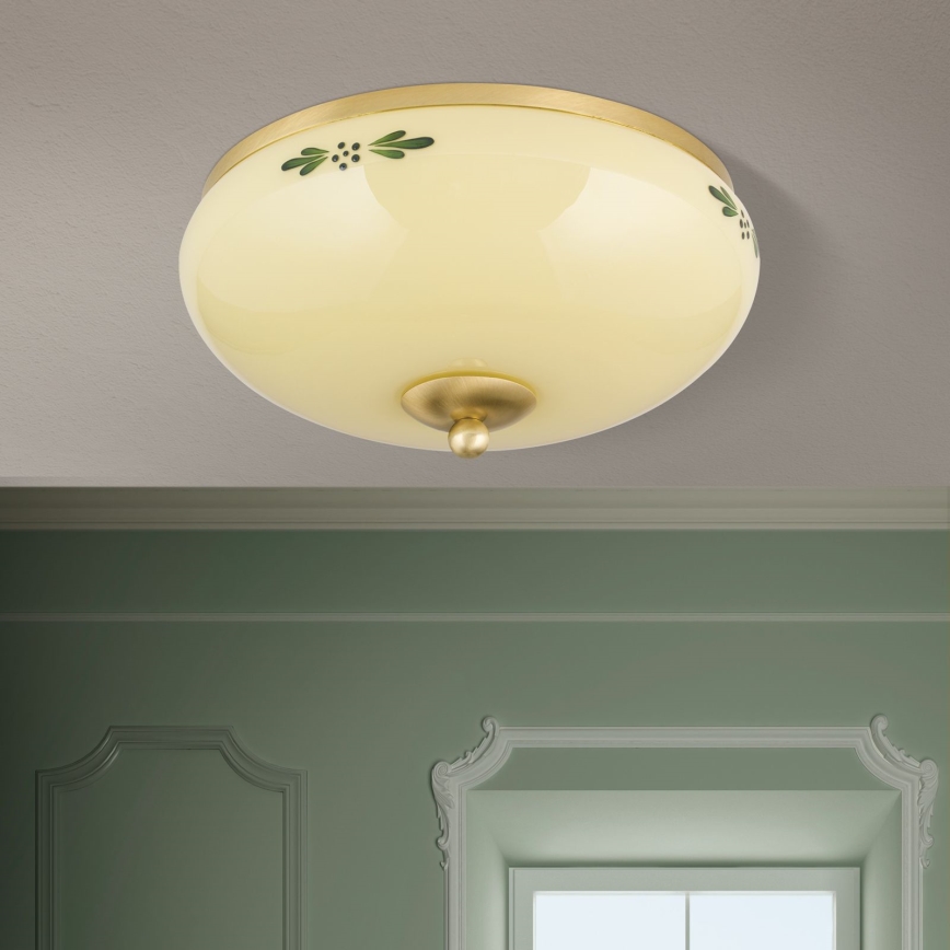 Luminária de teto LANDHAUS 2xE27/60W/230V Ø 28 cm latão/bege/verde