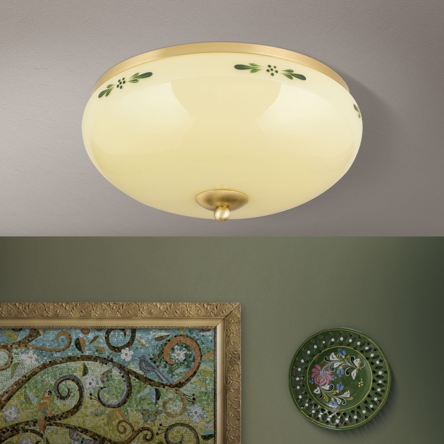 Candeeiro de tecto LANDHAUS, 3xE27/60W/230V, Ø 35 cm, latão/bege/verde