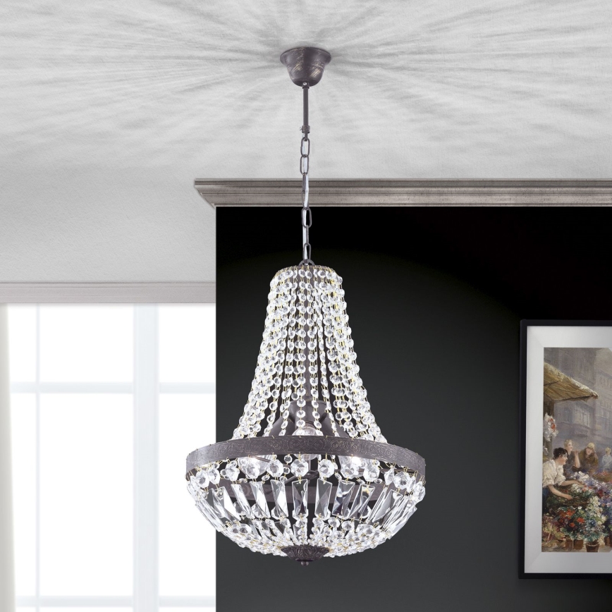 Candeeiro suspenso de cristal ARILA 3xE27/60W/230V diâmetro 40 cm castanho/pátina