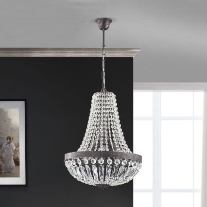 Candeeiro suspenso de cristal ARILA 3xE27/60W/230V diâmetro 40 cm castanho/pátina
