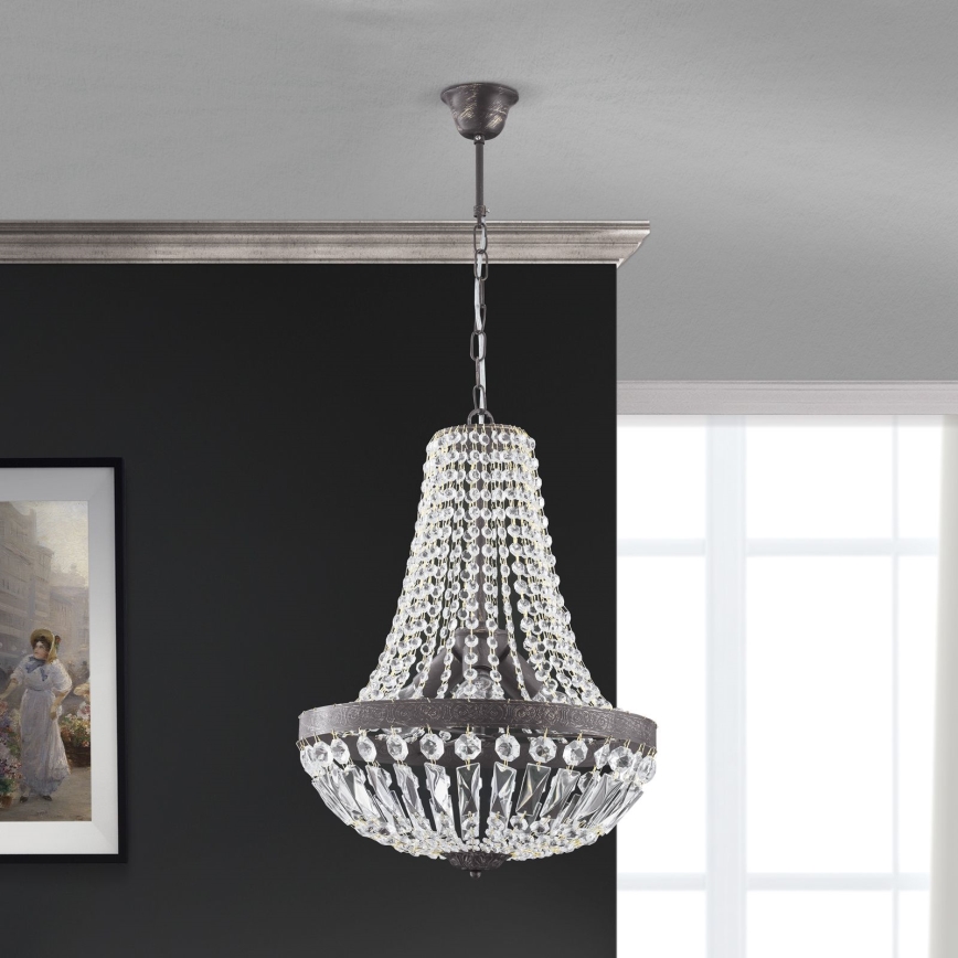 Candeeiro suspenso de cristal ARILA 3xE27/60W/230V diâmetro 40 cm castanho/pátina