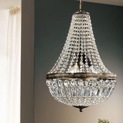 Candeeiro suspenso de cristal ARILA 3xE27/60W/230V diâmetro 40 cm castanho/pátina