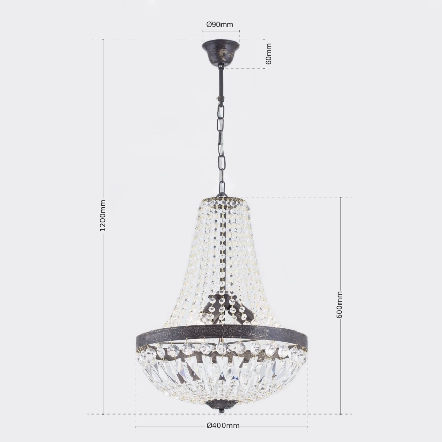 Candeeiro suspenso de cristal ARILA 3xE27/60W/230V diâmetro 40 cm castanho/pátina