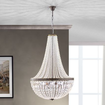 Candeeiro suspenso de cristal ARILA 6xE27/60W/230V diâmetro 60 cm castanho/pátina