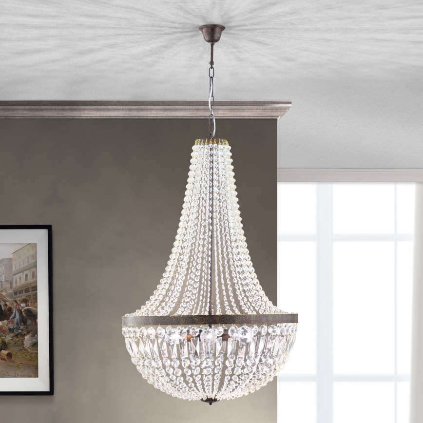 Candeeiro suspenso de cristal ARILA 6xE27/60W/230V diâmetro 60 cm castanho/pátina