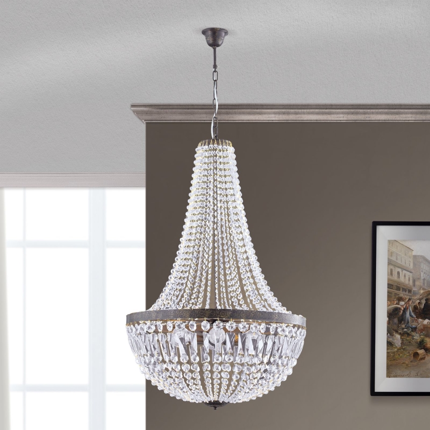 Candeeiro suspenso de cristal ARILA 6xE27/60W/230V diâmetro 60 cm castanho/pátina