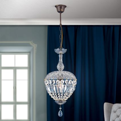 Candeeiro suspenso de cristal ARILA 1xE27/60W/230V diâmetro 25 cm castanho/pátina