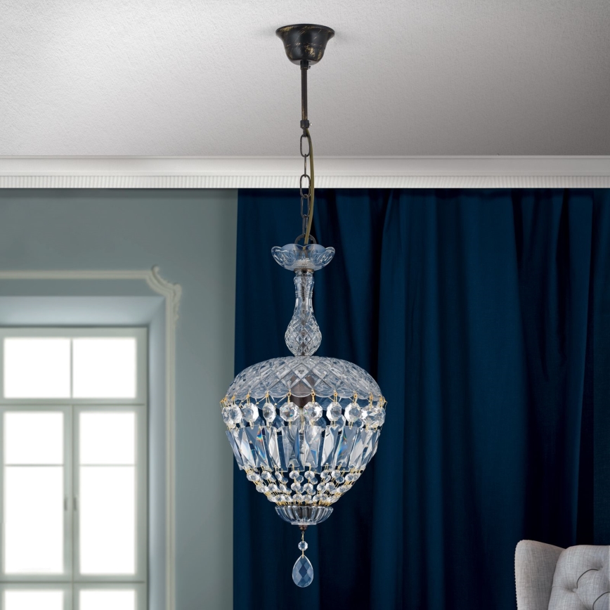 Candeeiro suspenso de cristal ARILA 1xE27/60W/230V diâmetro 25 cm castanho/pátina