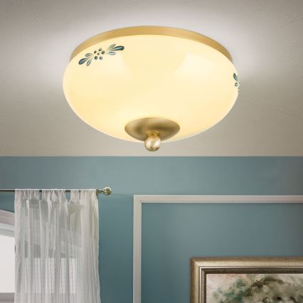 Luminária de teto LANDHAUS 1xE27/60W/230V Ø 21 cm latão/bege/azul