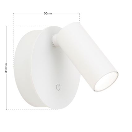 Spot de parede tátil LED recarregável dimerizável LUXY LED/1W/5V 2200 mAh 2700/3000/4000K branco