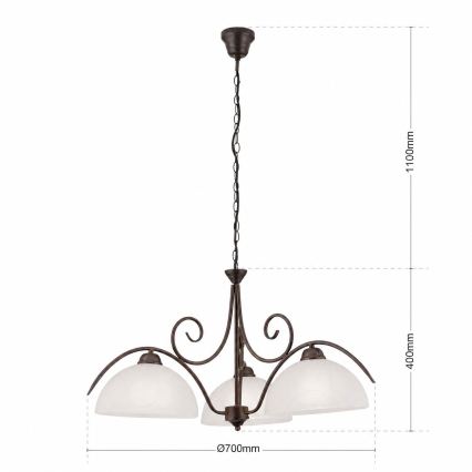Lustre em corrente RULA 3xE27/40W/230V Ø 70 cm branco/bronze