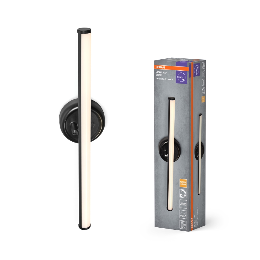 Osram - Luminária de parede tátil recarregável LED dimerizável NIGHTLUX LED/1,8W/5V, preta