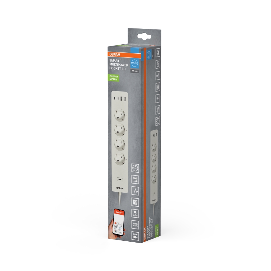 Osram - Cabo de extensão SMART+ 4Z tipo F + 2xUSB-A + 2xUSB-C Wi-Fi